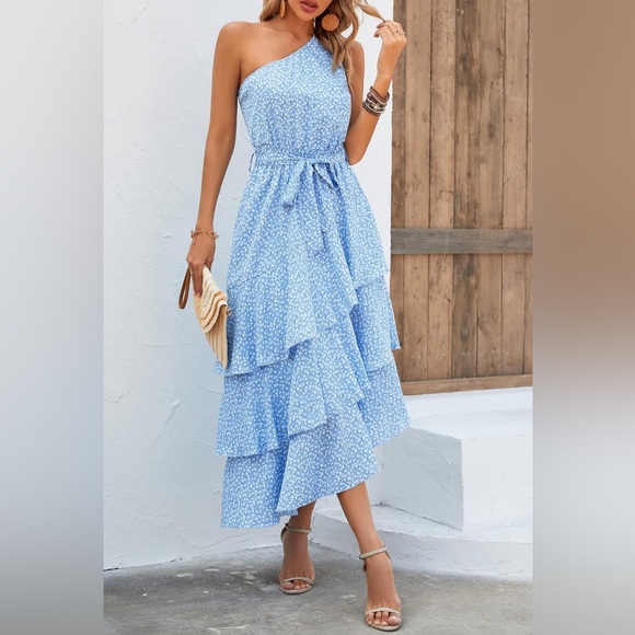 PRETTYGARDEN Floral Sundress Casual One Shoulder Tiered Ruffle Flowy Boho Dress - Picture 2 of 7